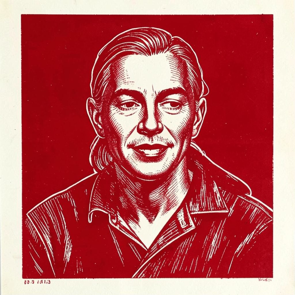 A carved linocut relief print in deep burgundy and navy tones, depicting two women in an intimate embrace against a textured dark background with soft atmospheric light.