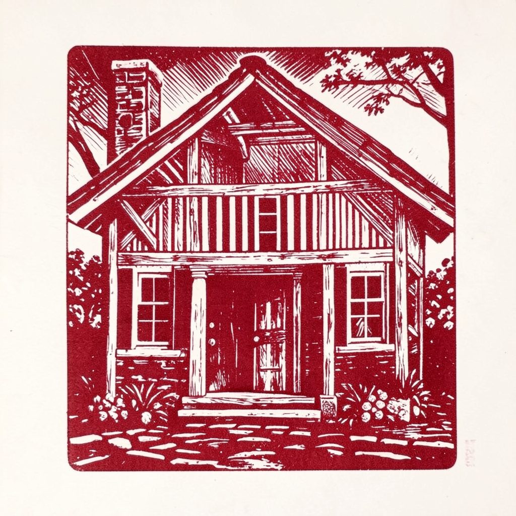 A carved linocut relief print in deep navy and warm cream tones, depicting a stylized open book with pages fanning outward like wings against a textured night-sky backdrop.