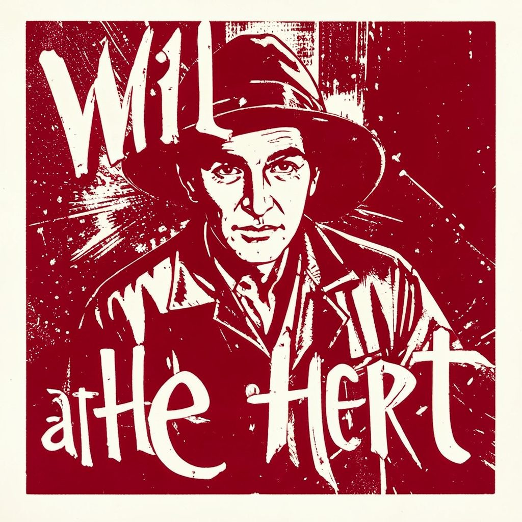 A carved linocut print in warm earth tones and navy showing a lone figure standing at the edge of a wild forest, evoking untamed romance.